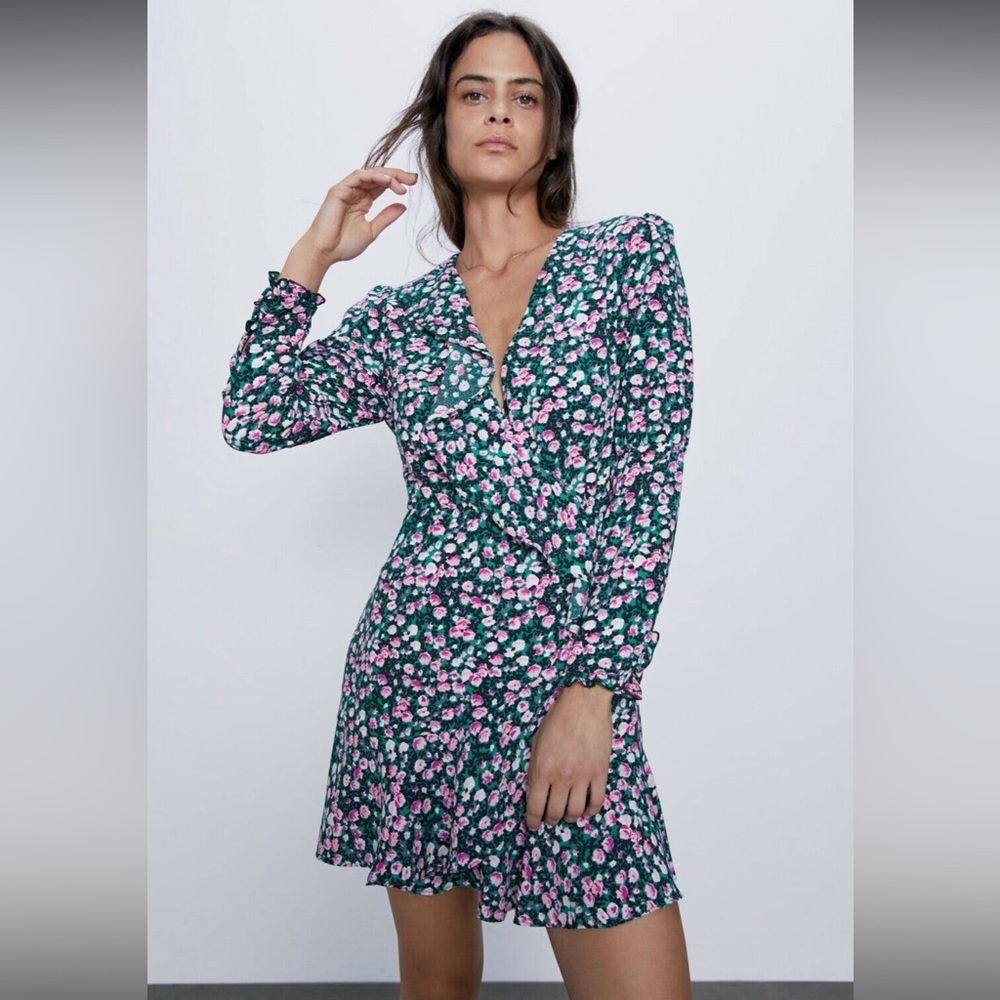 Zara Floral Printed  Ruffled Neckline Mini Dress Women Size L US
